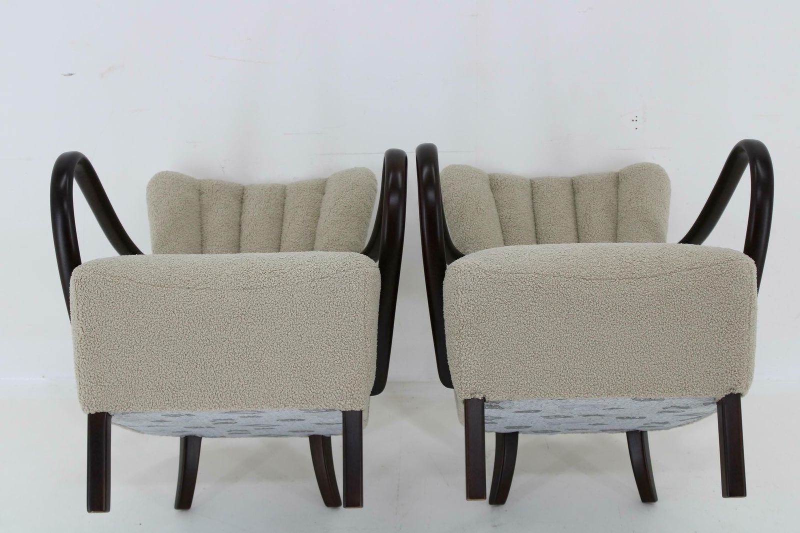 photo for sale 1930s Pair Of Jindrich Halabala Art Deco H 237 Armchairs In Bouclé, Restored