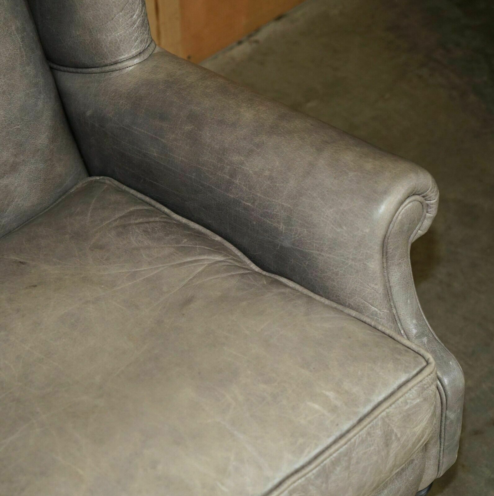 Luxury Pair Of Contemporary Grey Blue Leather Wingback Armchairs Ebonised Legs photo vintage