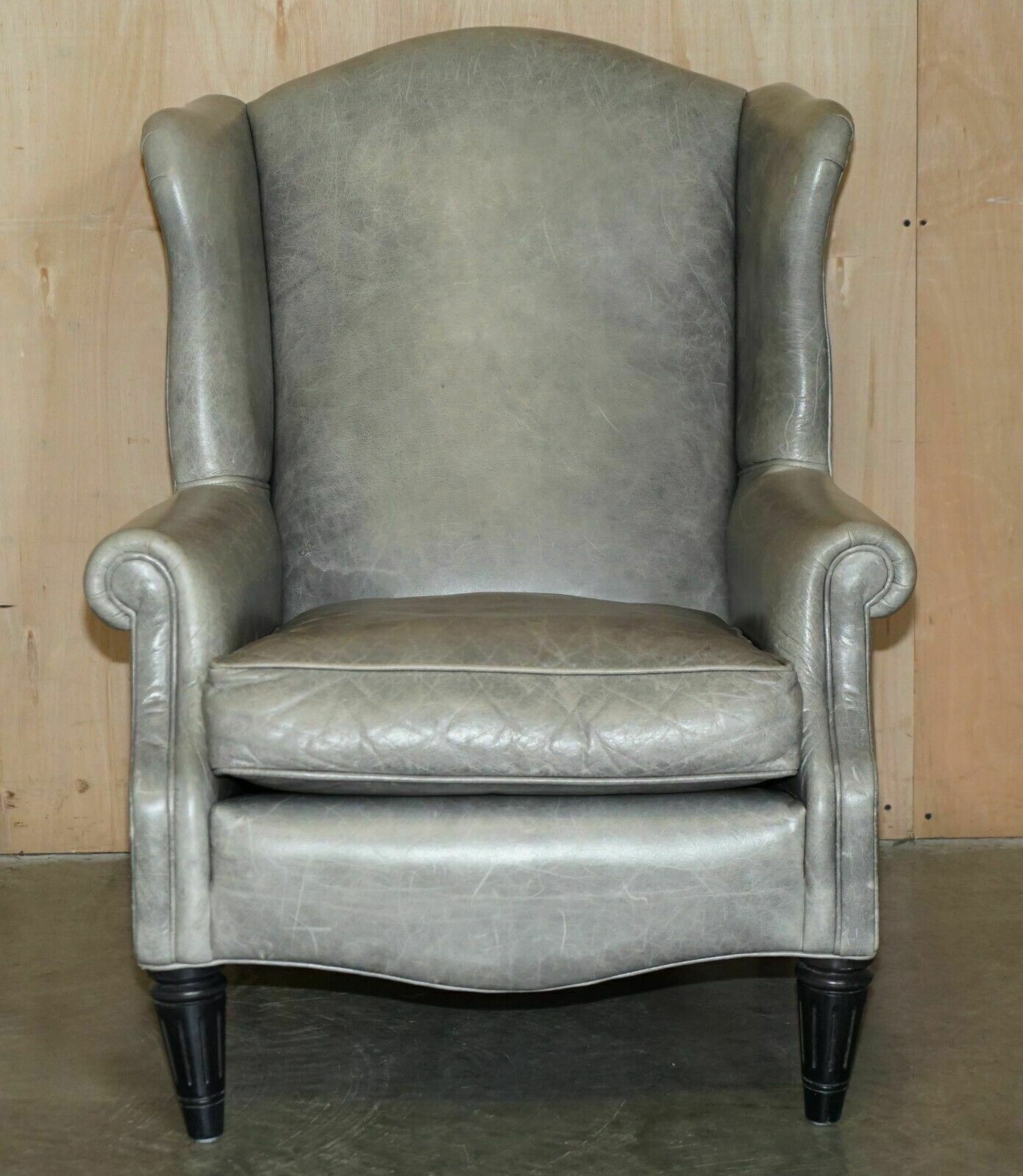 photo vintage Luxury Pair Of Contemporary Grey Blue Leather Wingback Armchairs Ebonised Legs