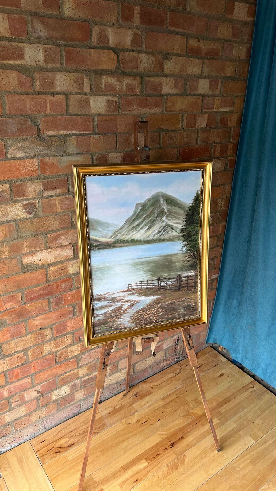 photo for sale Original Signed & Framed Landscape Oil Painting Depicting A Lake By A Mountain