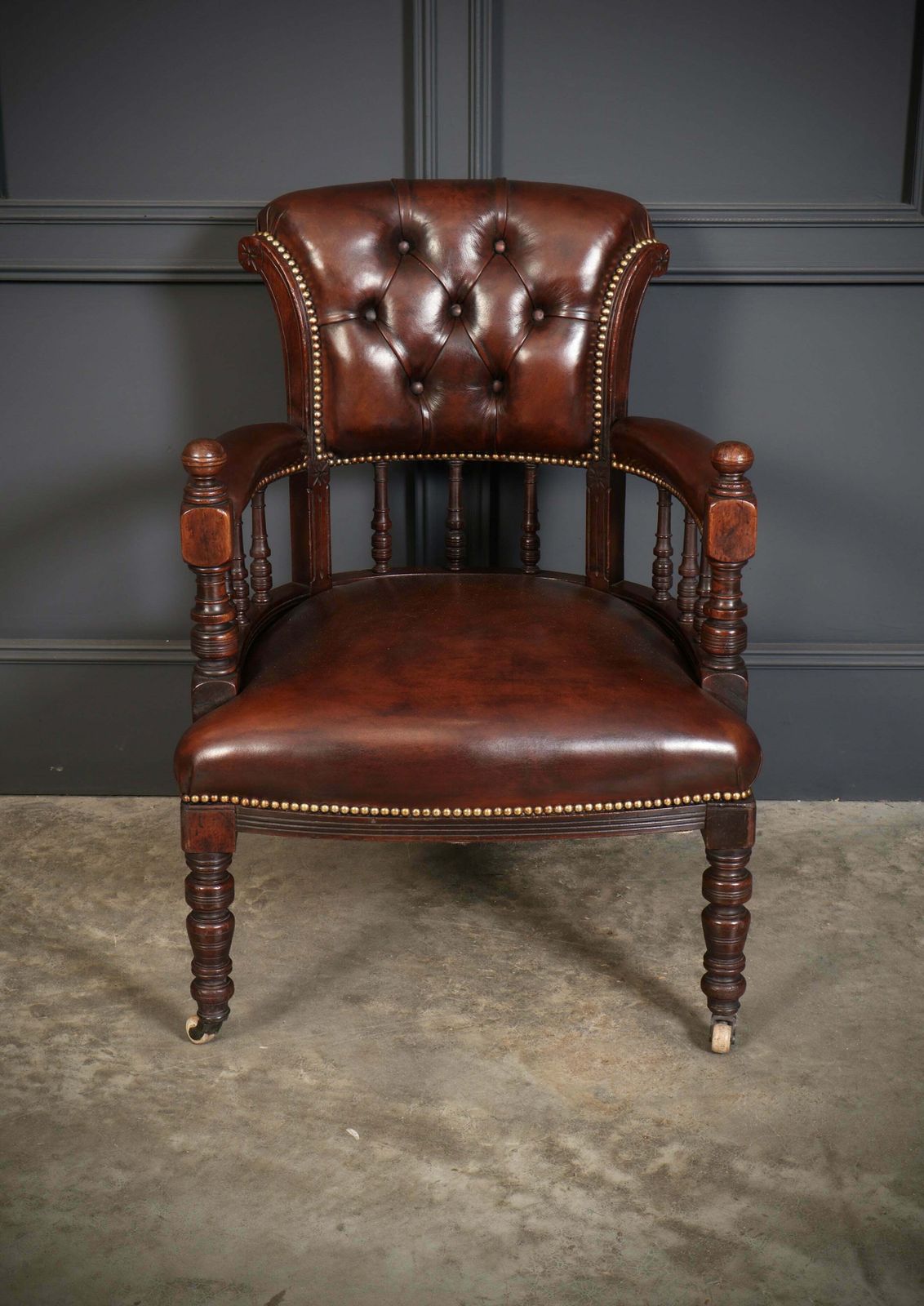 Pair Of Victorian Mahogany & Buttoned Leather Captains Desk Chairs photo 3452.0