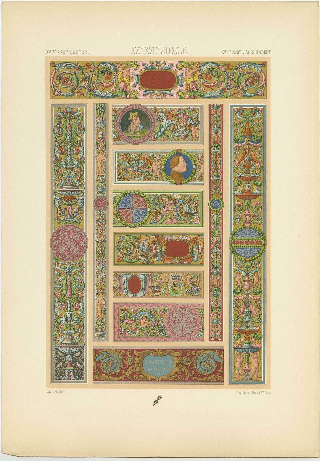 Pl. 97 Antique Print Of 16th Century Italian Decorations By Racinet, Circa 1890 photo for sale