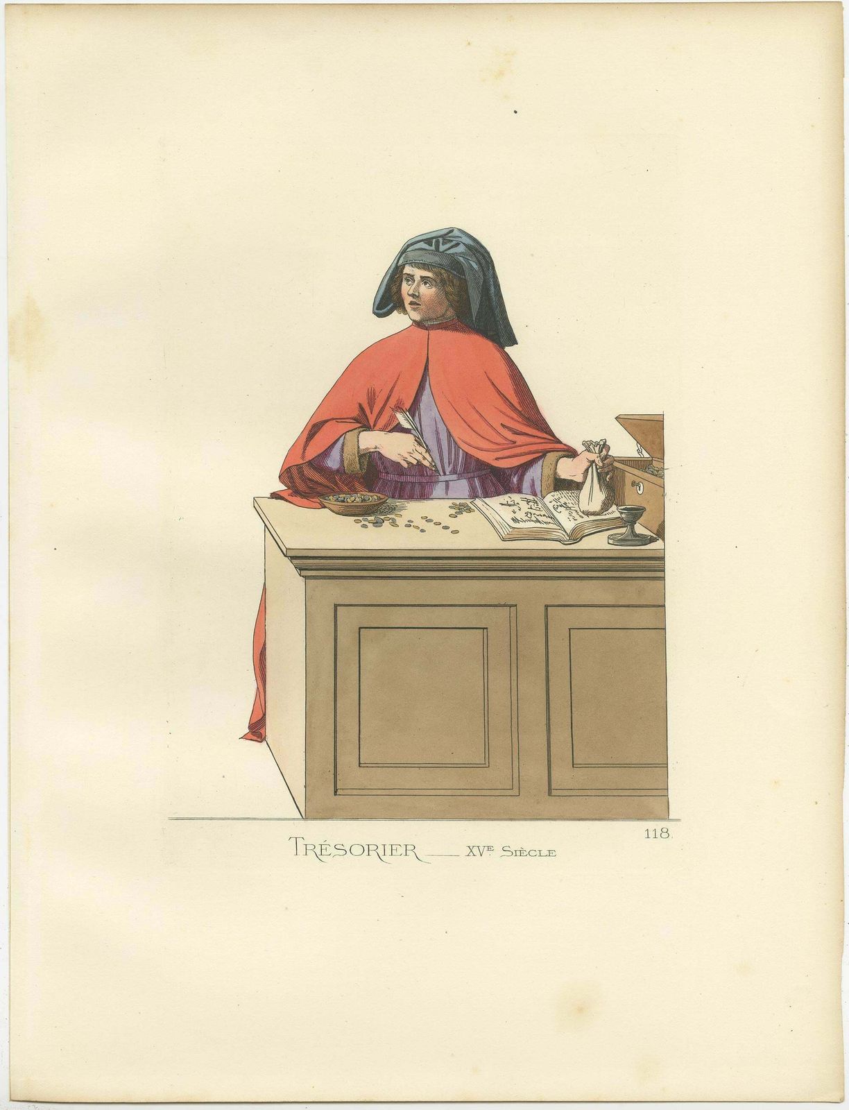 Antique Print Of A Treasurer/Bookkeeper, 15th Century, By Bonnard, 1860 photo Art