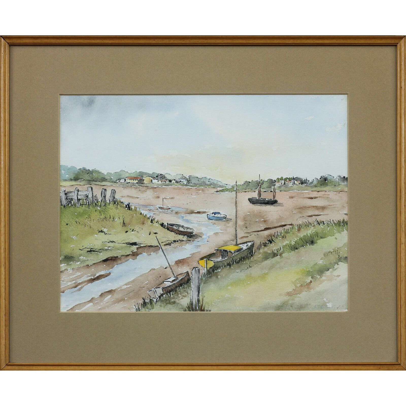 Watercolour Of Moored Boats At A Tidal Estuary