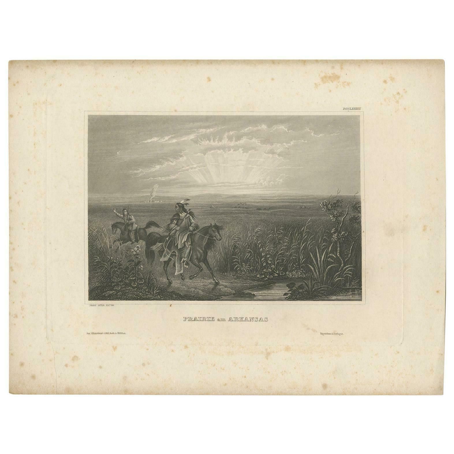 Antique Print Of Native American Indians On A Prairie In Arkansas '1857'