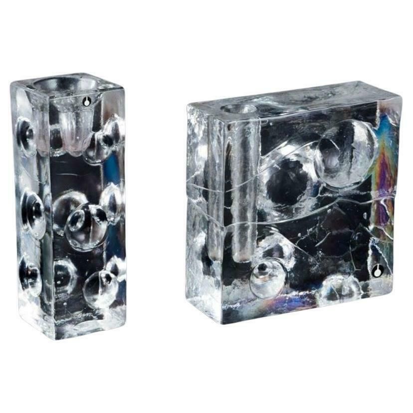 Uno Westerberg For Pukeberg Sweden Two Candle Holders In Clear Art Glass