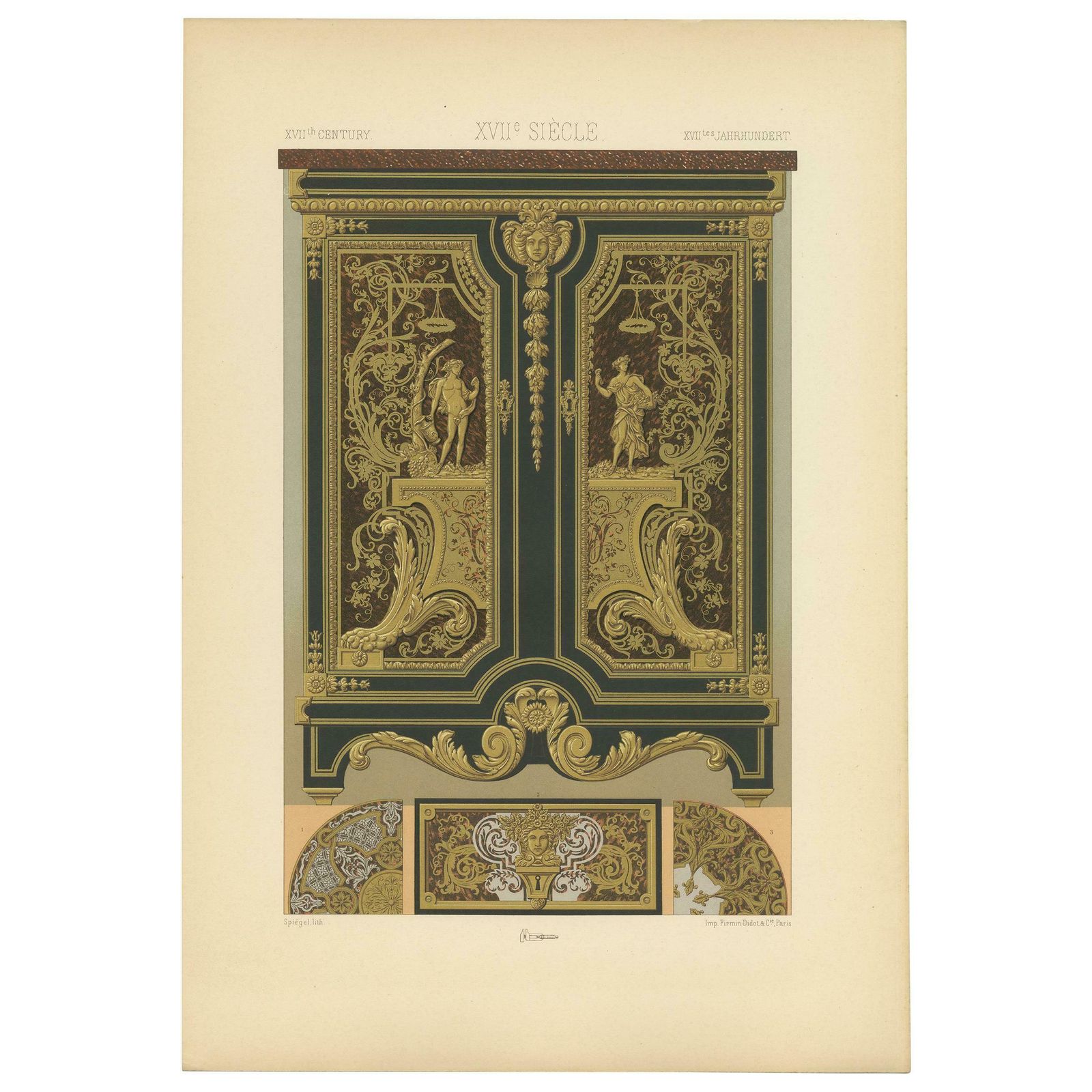 Pl. 109 Antique Print Of 17th Century Metallic Inlay By Racinet, Circa 1890