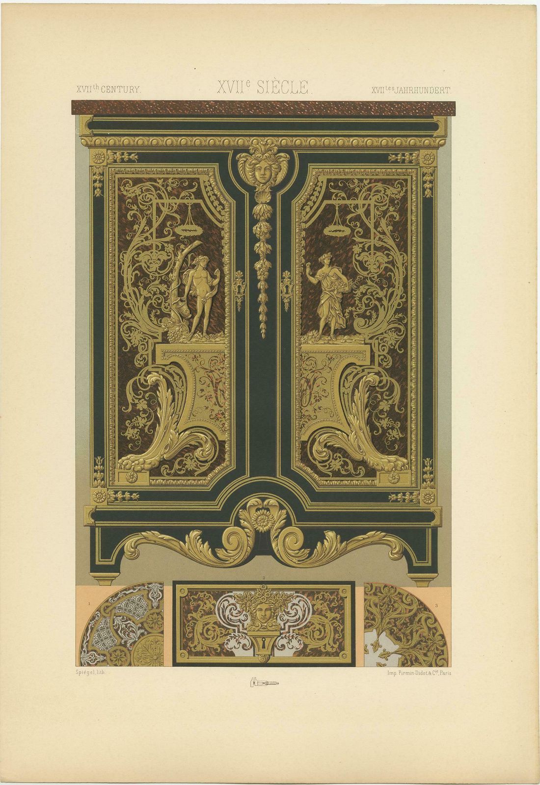 Pl. 109 Antique Print Of 17th Century Metallic Inlay By Racinet, Circa 1890 photo for sale