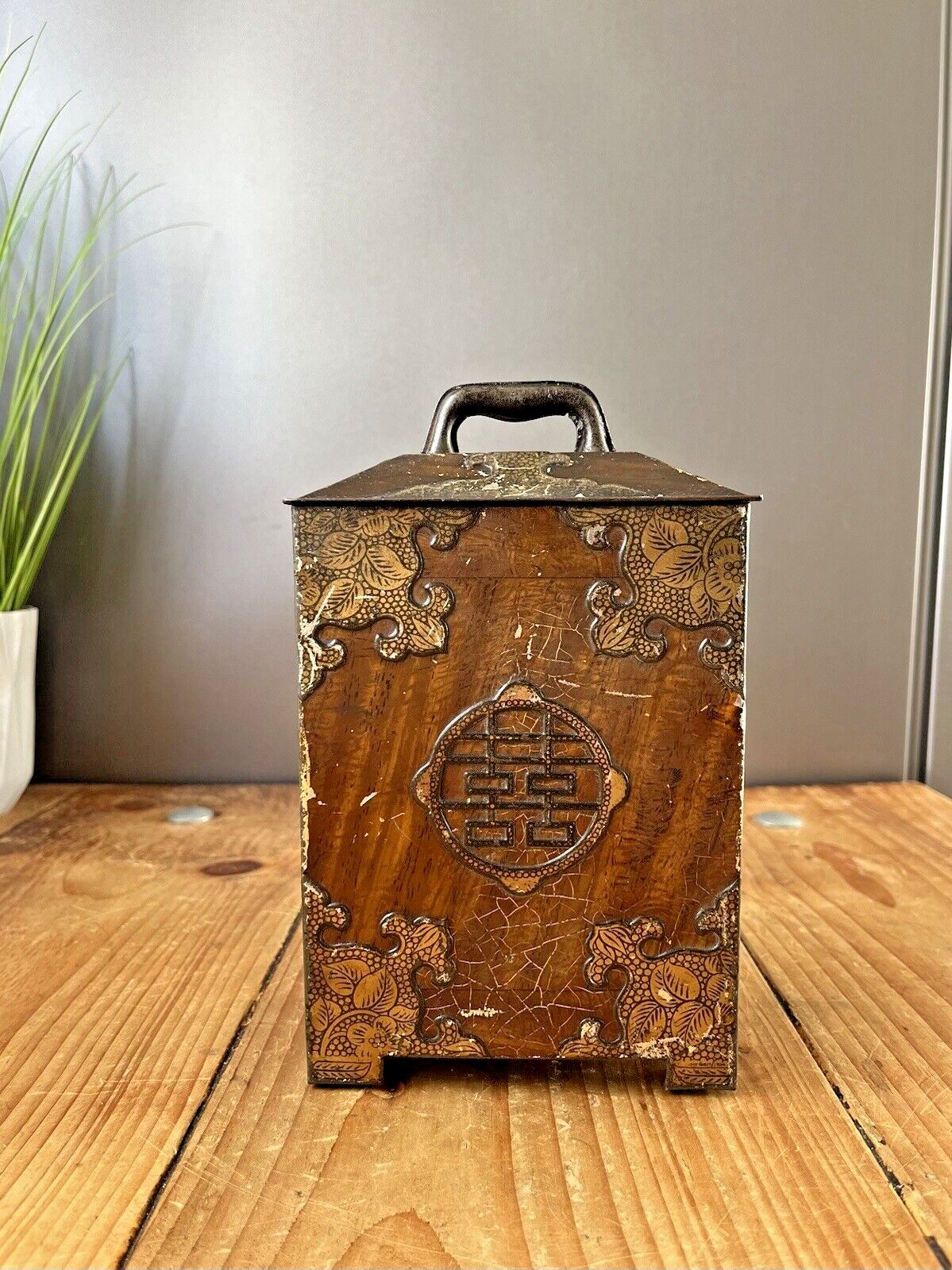 Antique Wood Brass Effect Tin Tea Chest Oriental Chinese Chinoiserie Japonisme photo 100.0