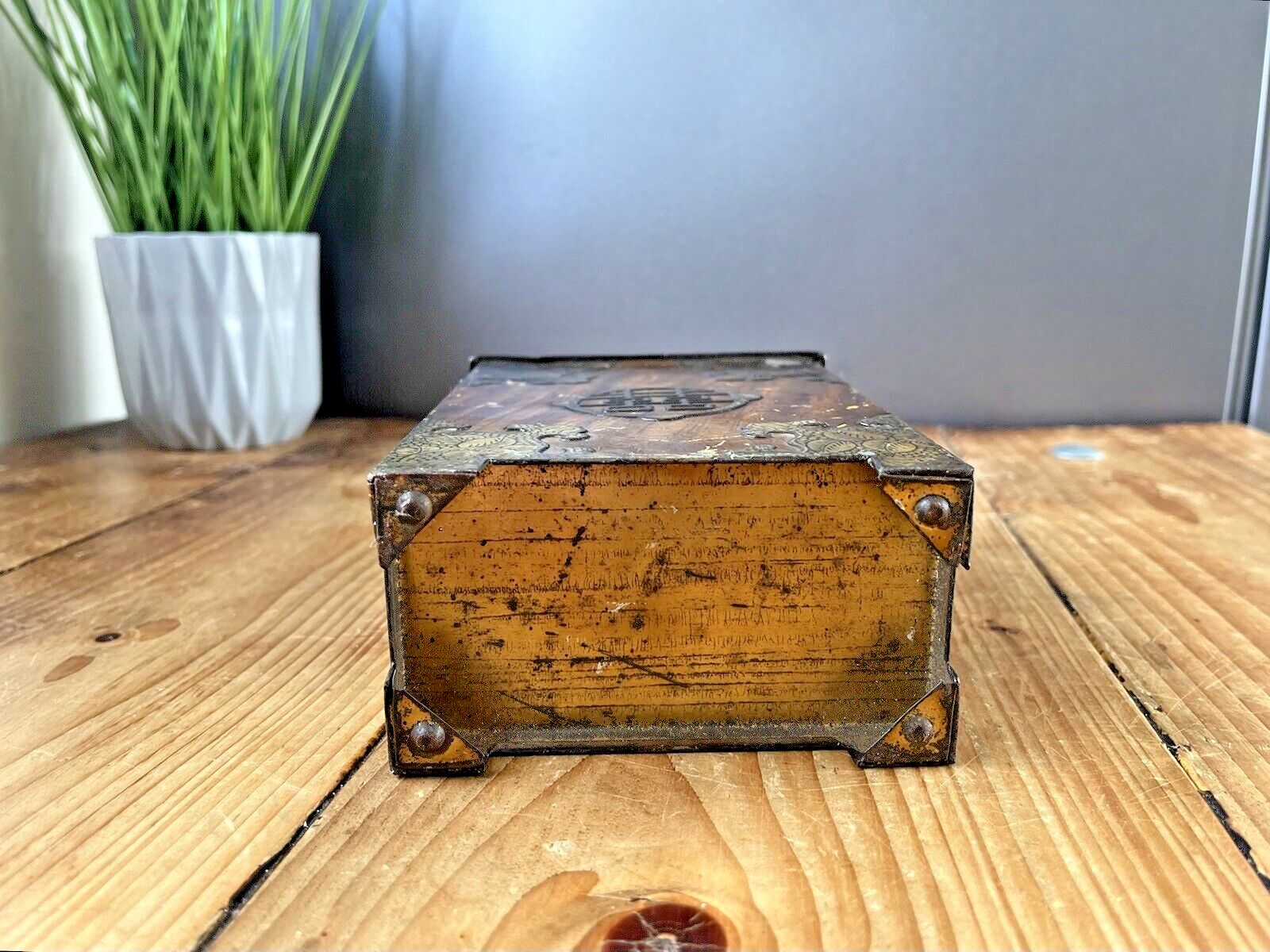 Antique Wood Brass Effect Tin Tea Chest Oriental Chinese Chinoiserie Japonisme photo vintage