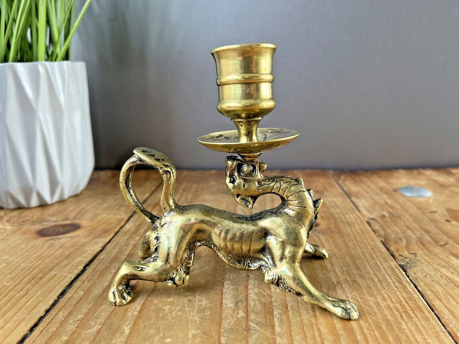 Quality Antique 19th C Chinese Dragon Candlestick Candle Holder Mythical Foo Dog photo vinterior