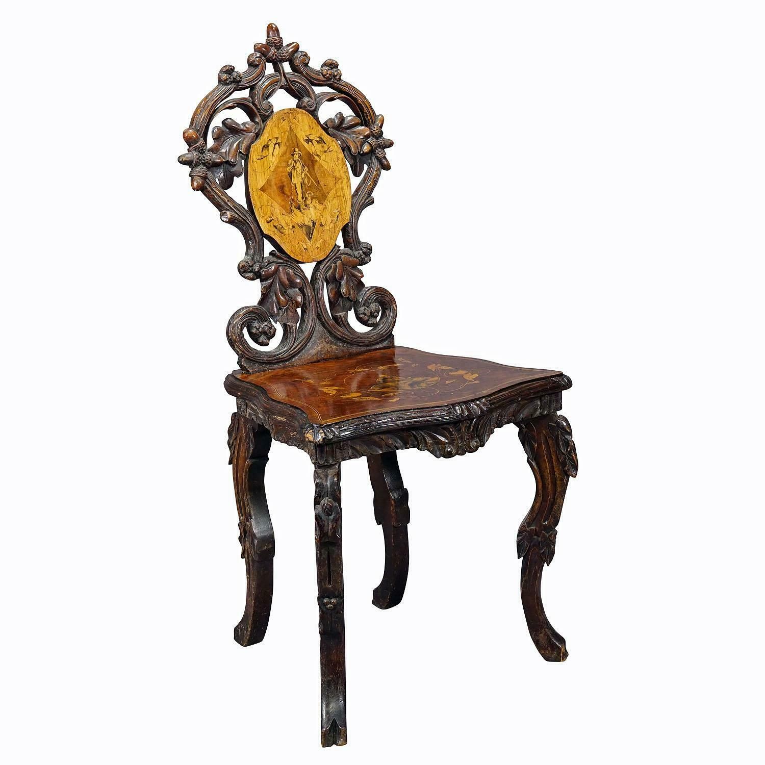Pair Nutwood Edelweis Marquetry Chairs Swiss Brienz 1900 photo for sale