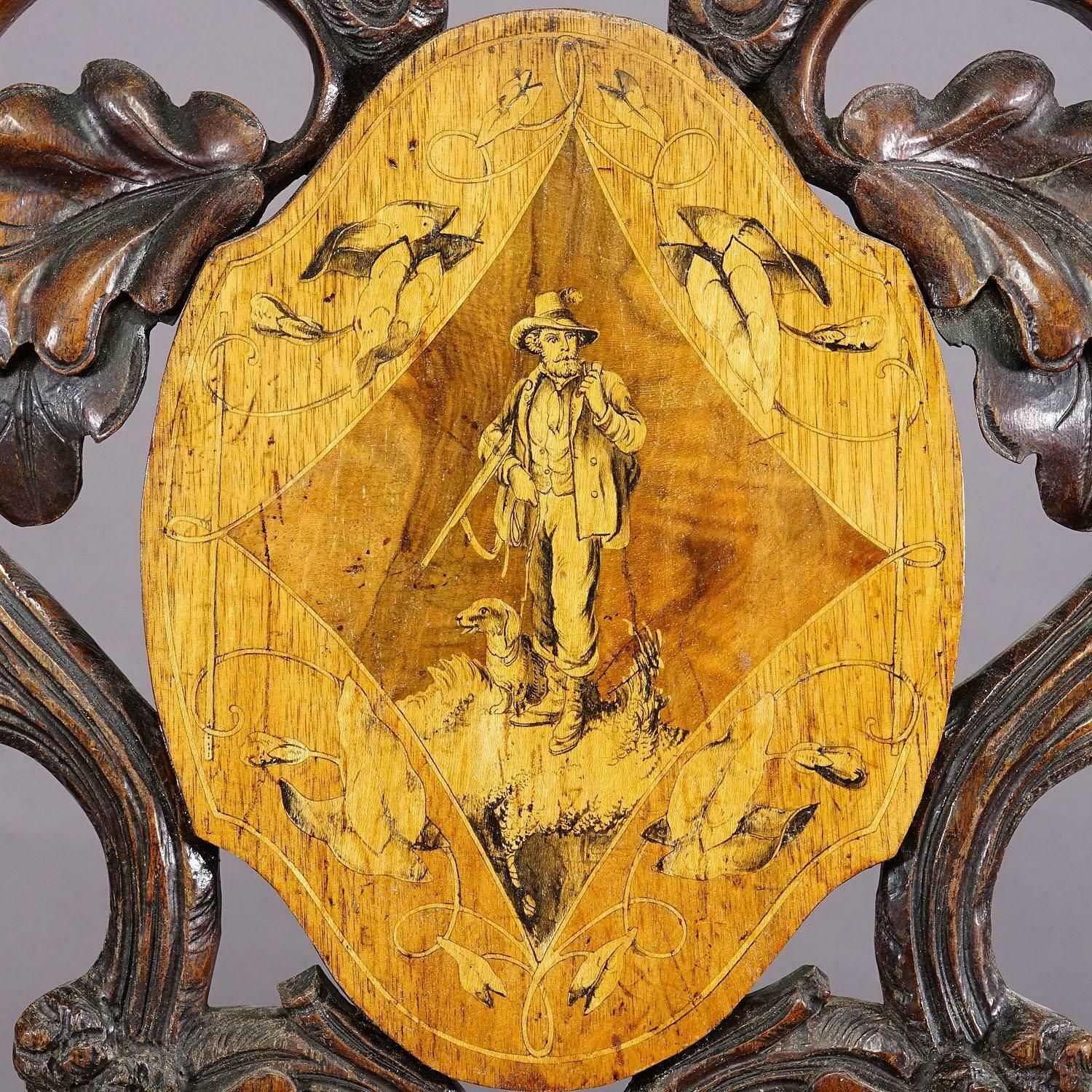 photo furniture Pair Nutwood Edelweis Marquetry Chairs Swiss Brienz 1900