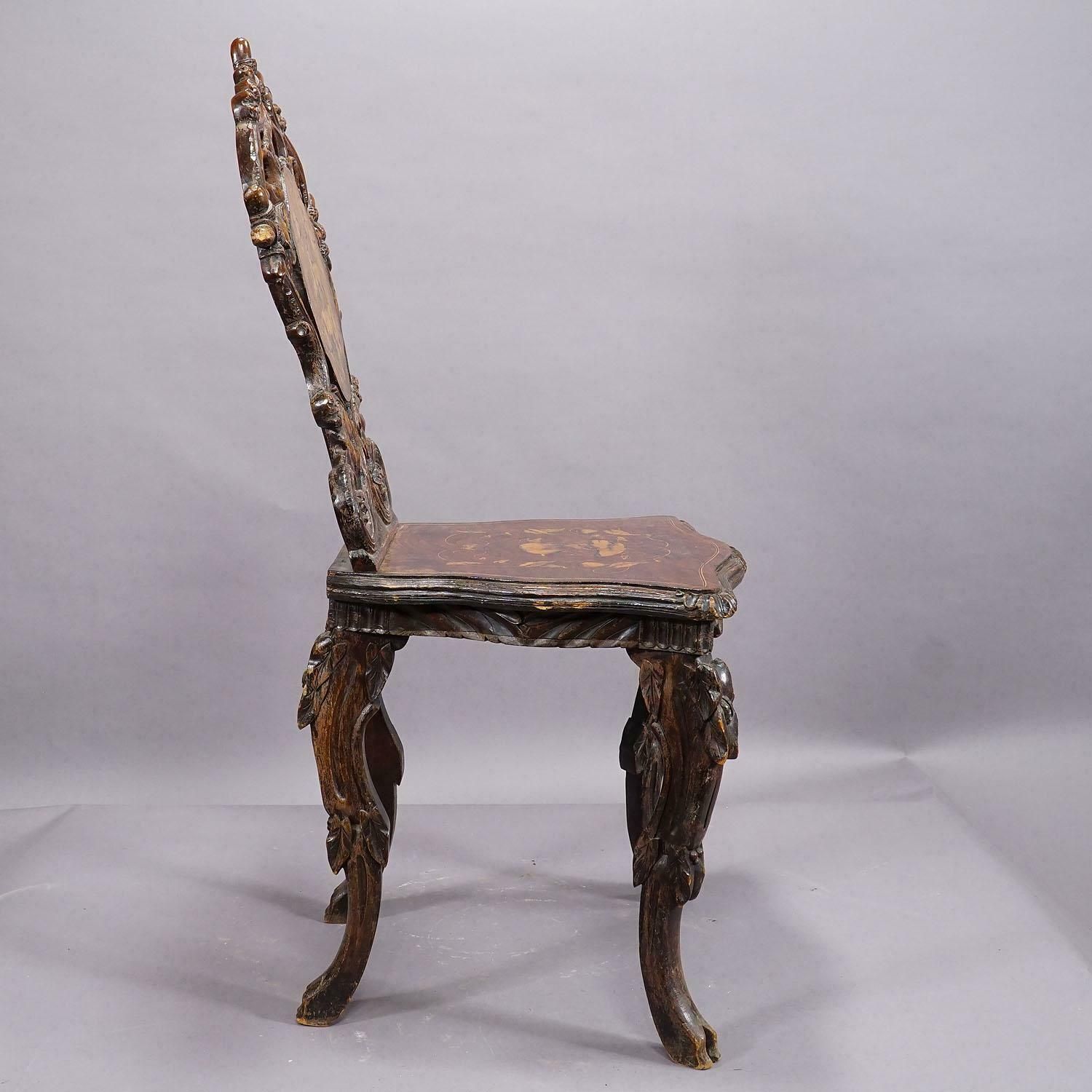 photo buy Pair Nutwood Edelweis Marquetry Chairs Swiss Brienz 1900