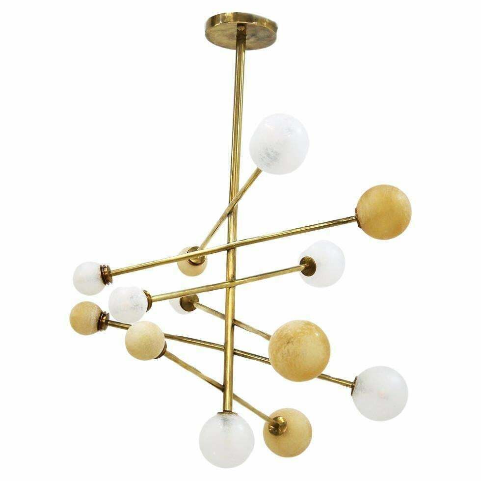 Italian Ceiling Chandelier In Glass And Brass Contemporary