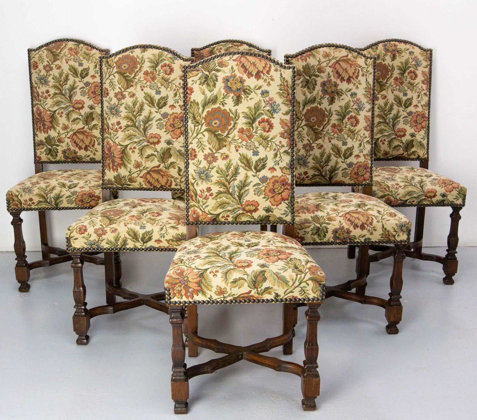 Six Dining Chairs Chestnut And Upholstery, Midcentury French photo furniture