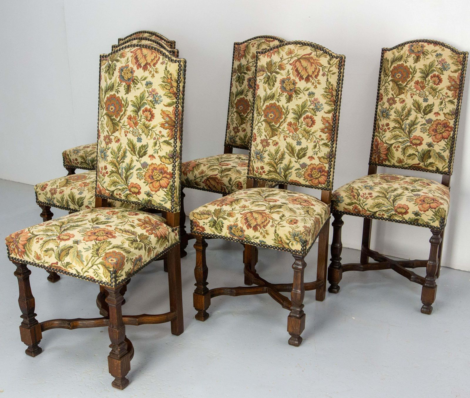 Six Dining Chairs Chestnut And Upholstery, Midcentury French photo for sale