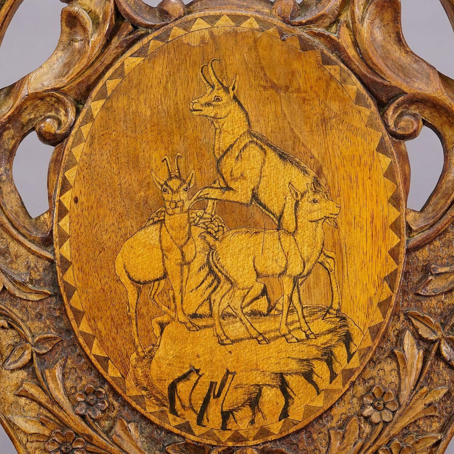 Rare Nutwood Edelweis Marquetry Chair Swiss Brienz 1900 photo vintage