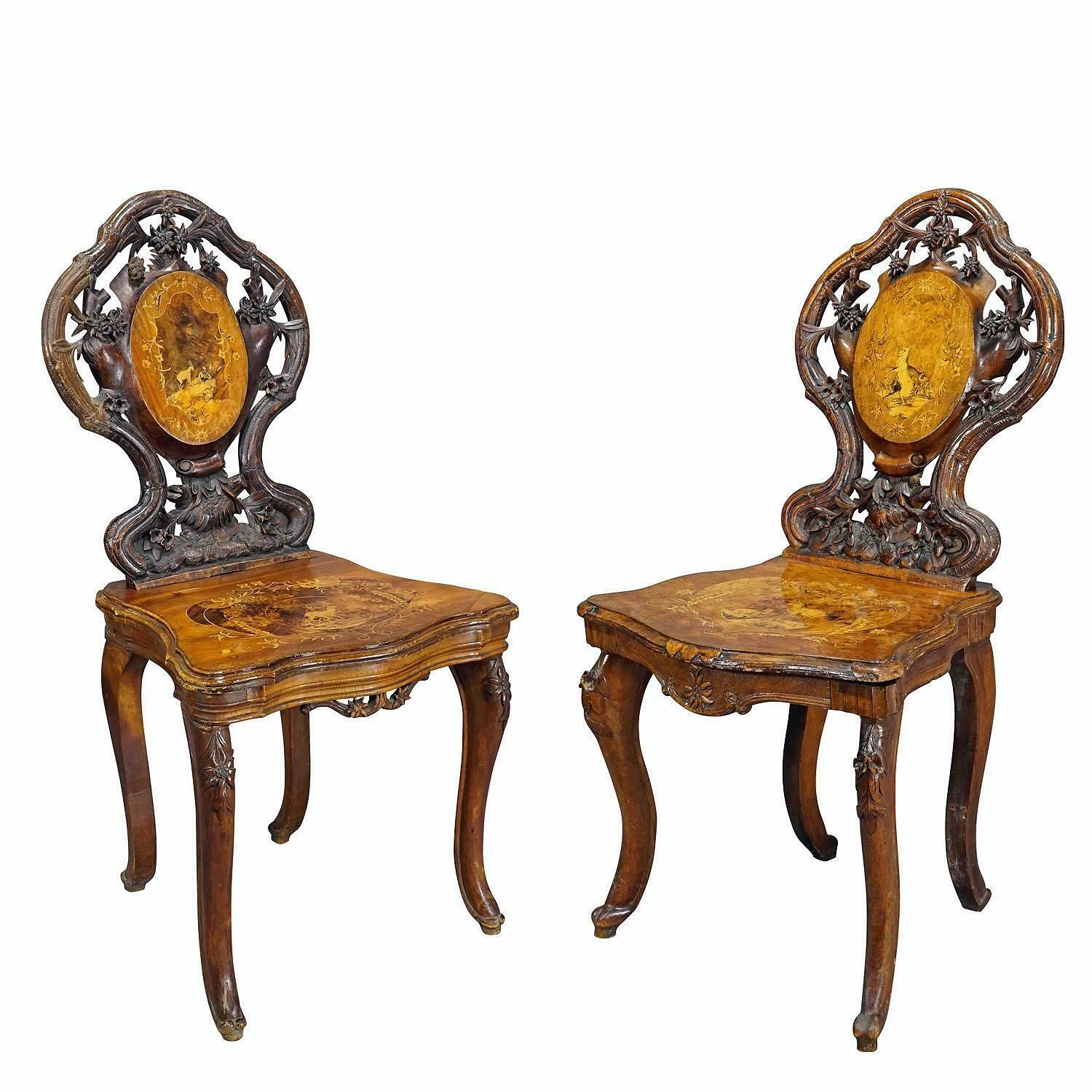 Pair Nutwood Edelweis Marquetry Chairs Swiss Brienz 1900 photo furniture