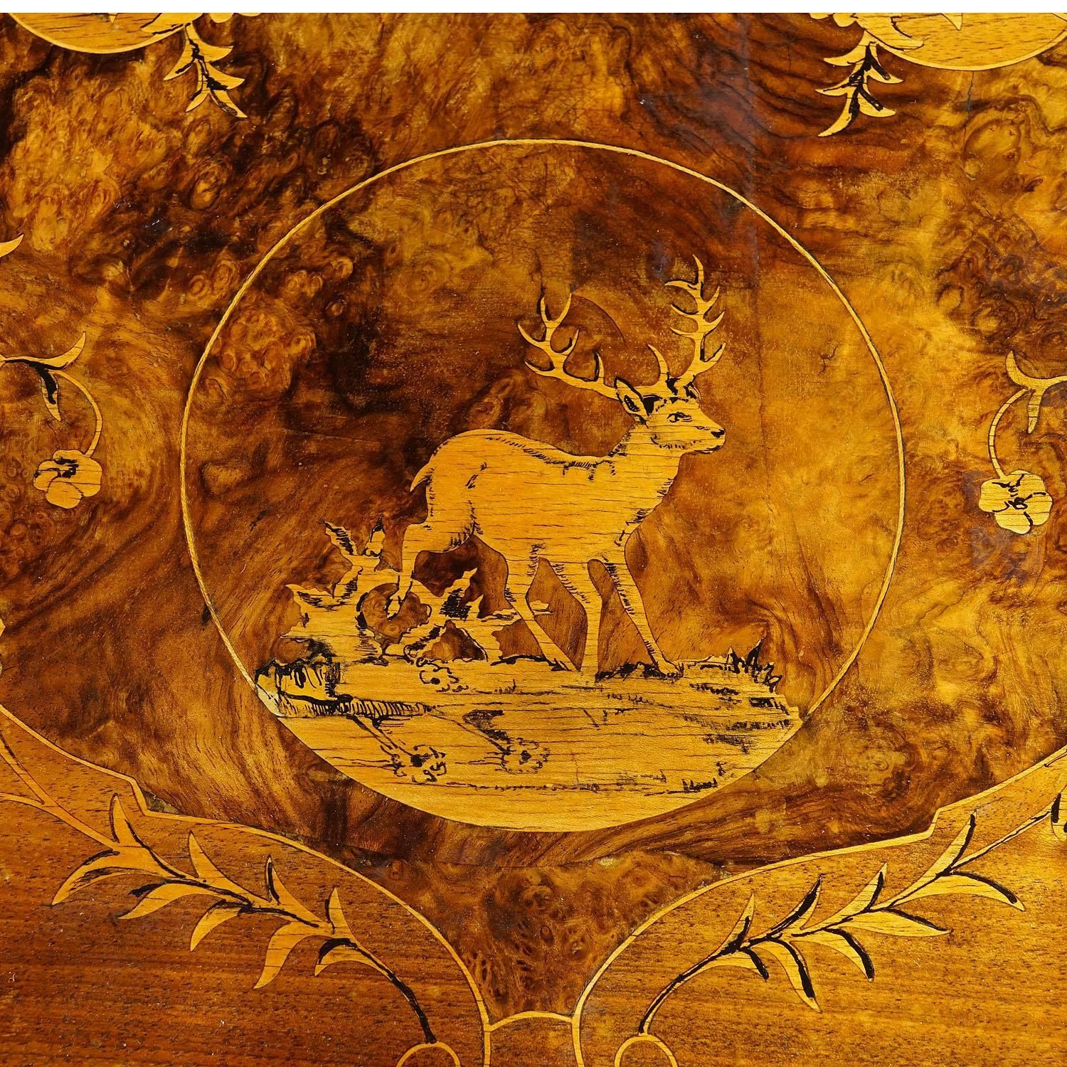 Pair Nutwood Edelweis Marquetry Chairs Swiss Brienz 1900 photo vintage