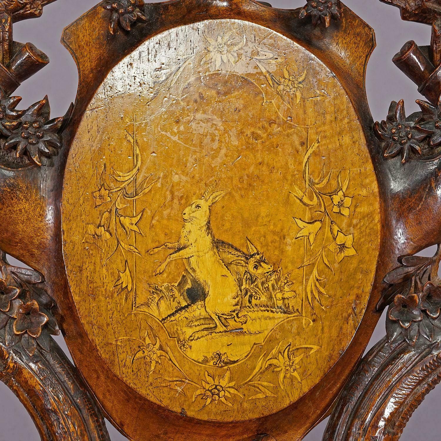 photo for sale Pair Nutwood Edelweis Marquetry Chairs Swiss Brienz 1900