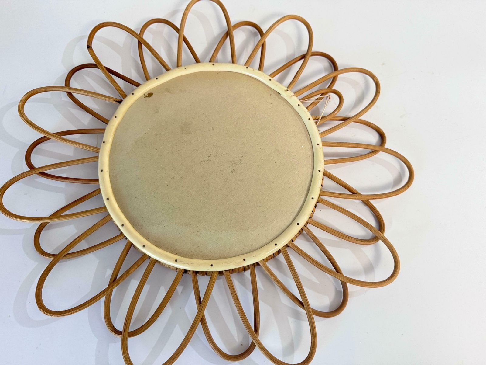 Midcentury French Riviera Rattan And Bamboo Rond Wall Mirror, Italy 1960s photo vinterior
