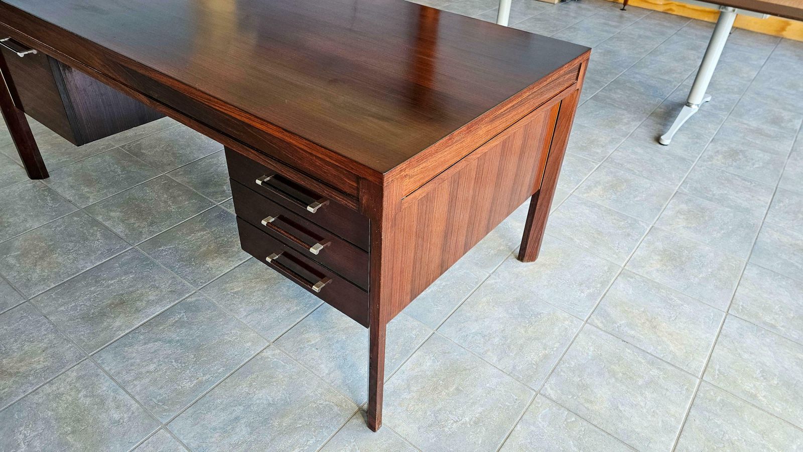 Anonima Castelli Palisander Wood Desk With Elegant Metal Insert Handle, 1970s photo Furniture