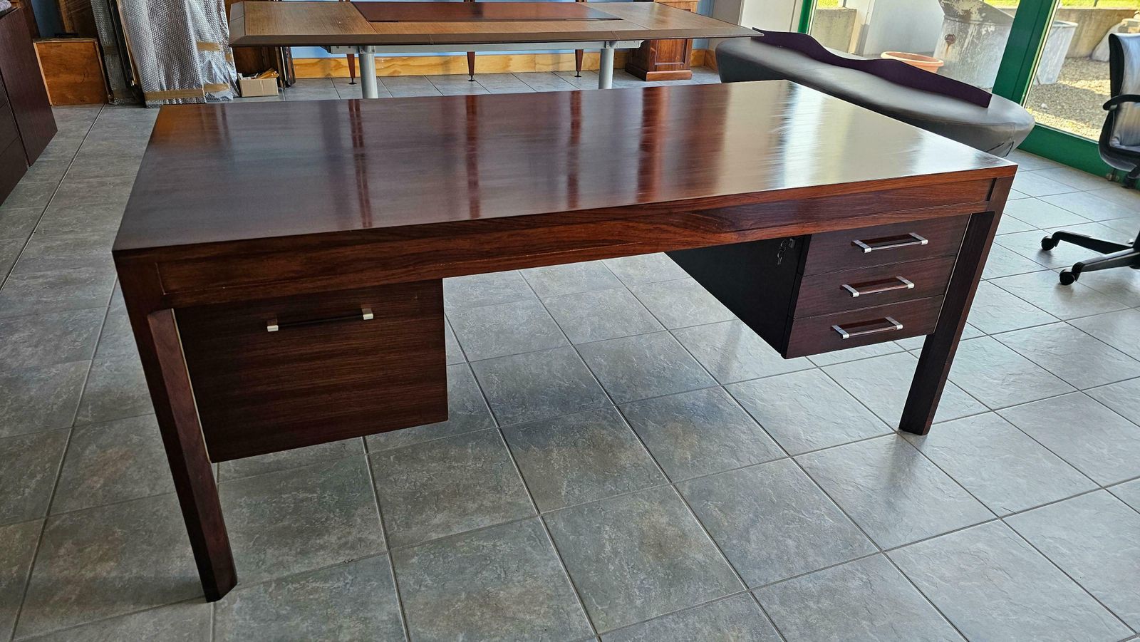 Anonima Castelli Palisander Wood Desk With Elegant Metal Insert Handle, 1970s photo 3586.0