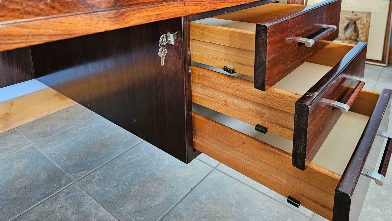 3586.0 Anonima Castelli Palisander Wood Desk With Elegant Metal Insert Handle, 1970s photo