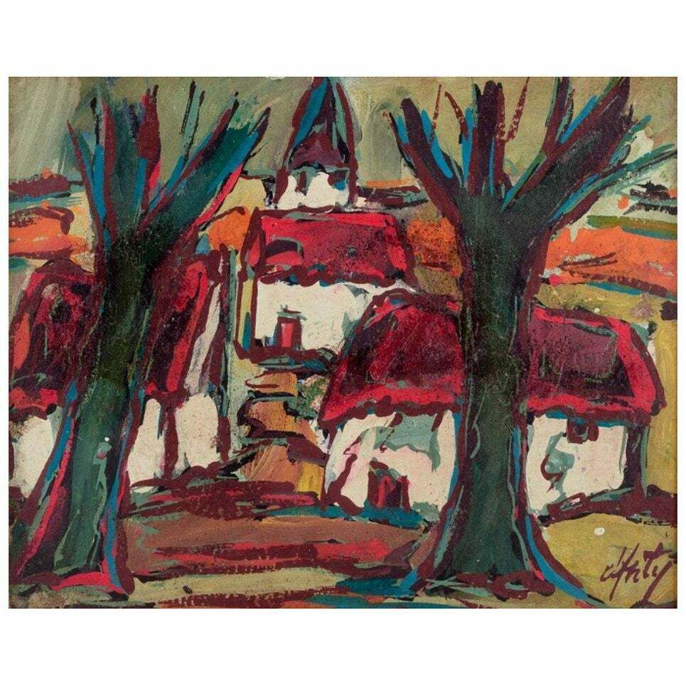 Henry Maurice D'anty. Oil On Board. Village Scene With A Church. Ca 1960