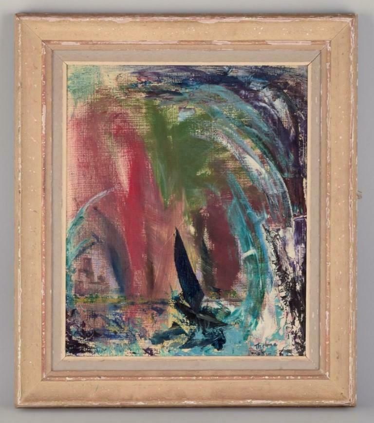 Thelma åkerman, Swedish Artist. Oil On Masonite Board. Abstract Composition. photo furniture