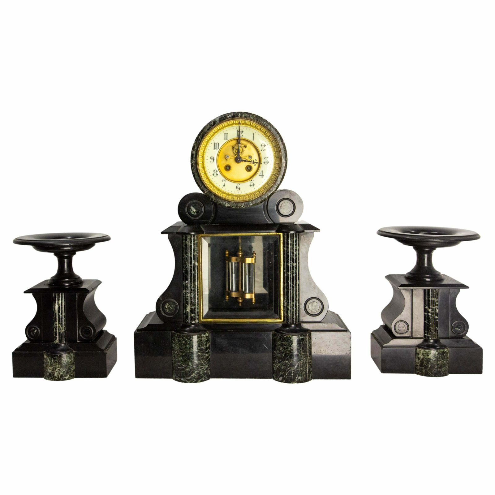 Antique French Bronze & Marble Three Piece Mantel Set Clock Napoleon III