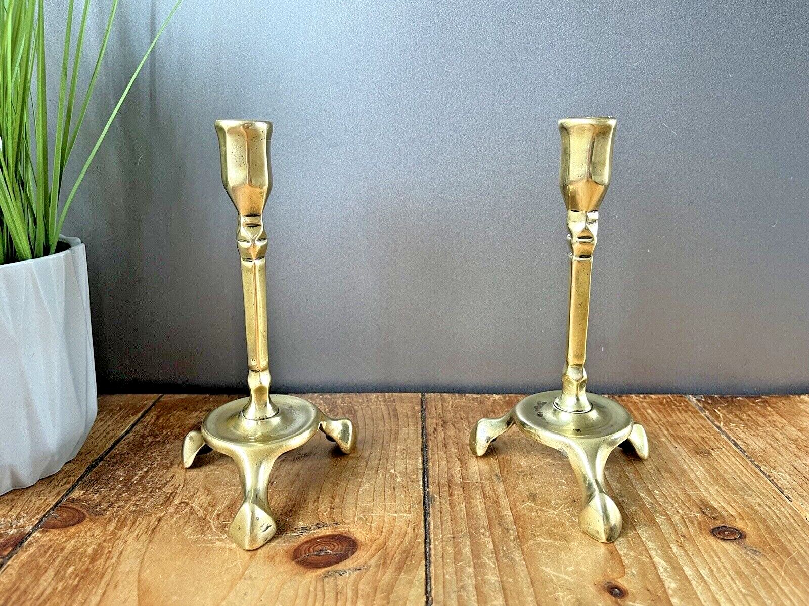 Pair Of English Antique Art Nouveau Tri Footed Base Candlesticks Candle Holders photo for sale