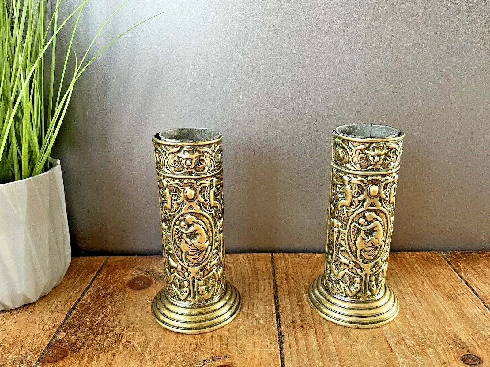 Pair Of Antique French Art Deco Stepped Base Repousse Mantel Spill Vases Cupid photo for sale