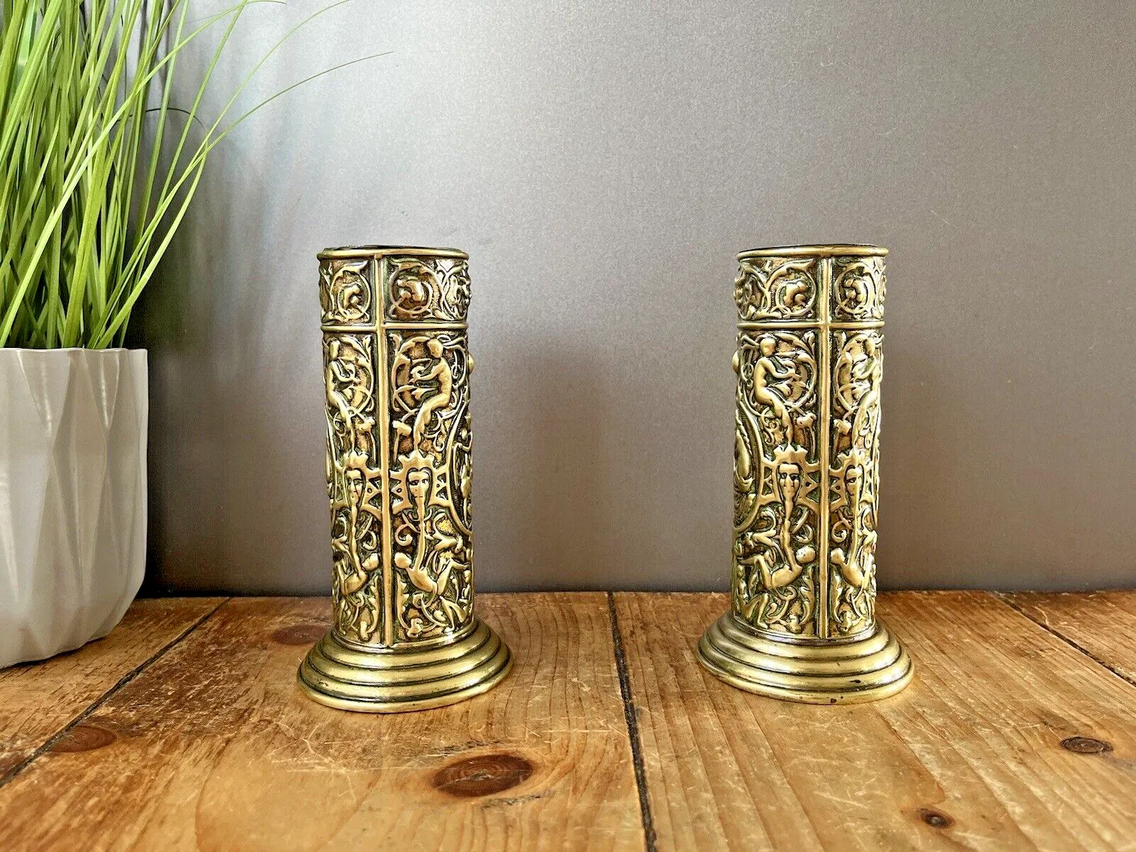 Pair Of Antique French Art Deco Stepped Base Repousse Mantel Spill Vases Cupid photo Home Decor