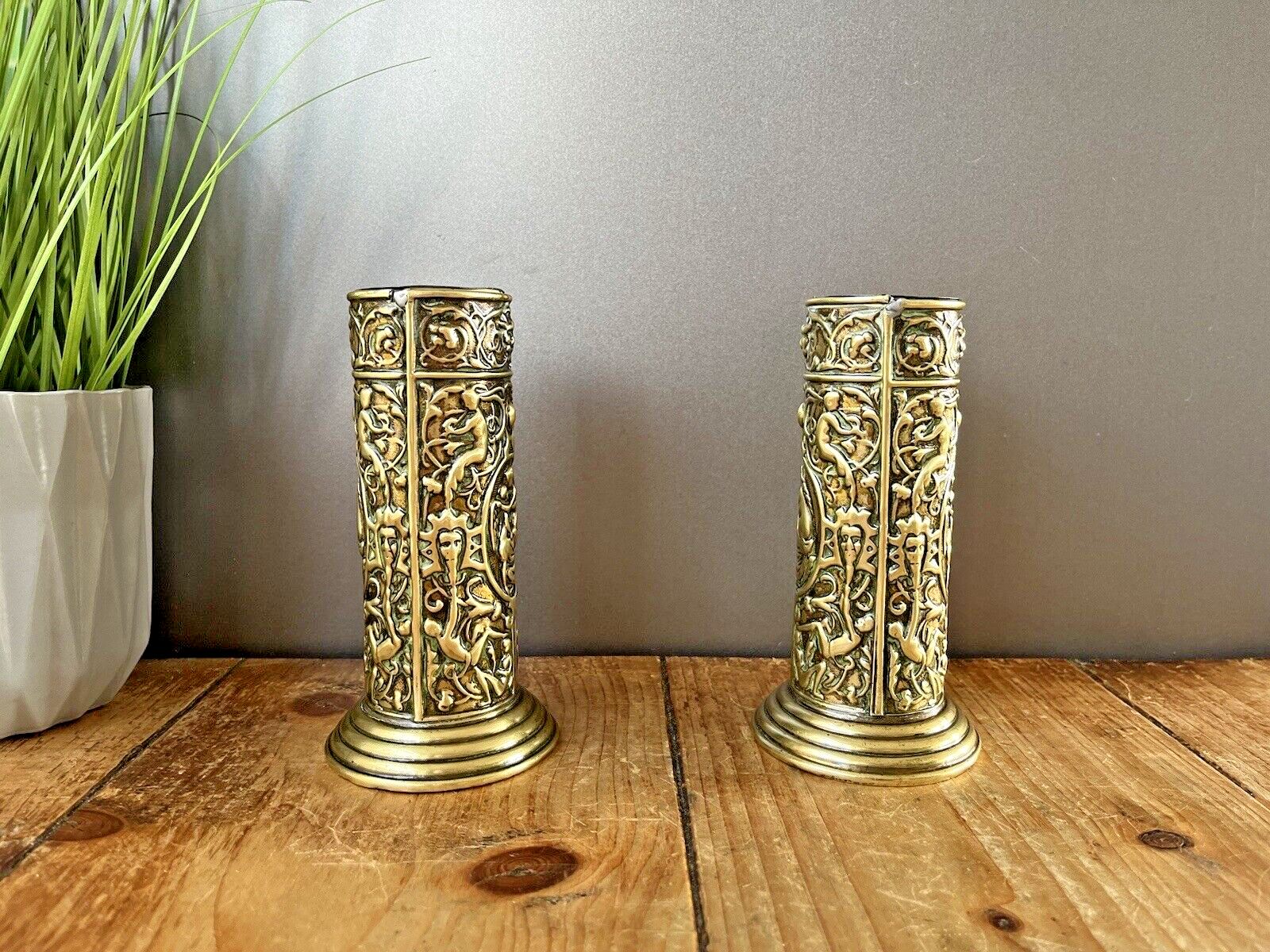 Pair Of Antique French Art Deco Stepped Base Repousse Mantel Spill Vases Cupid photo 120.0