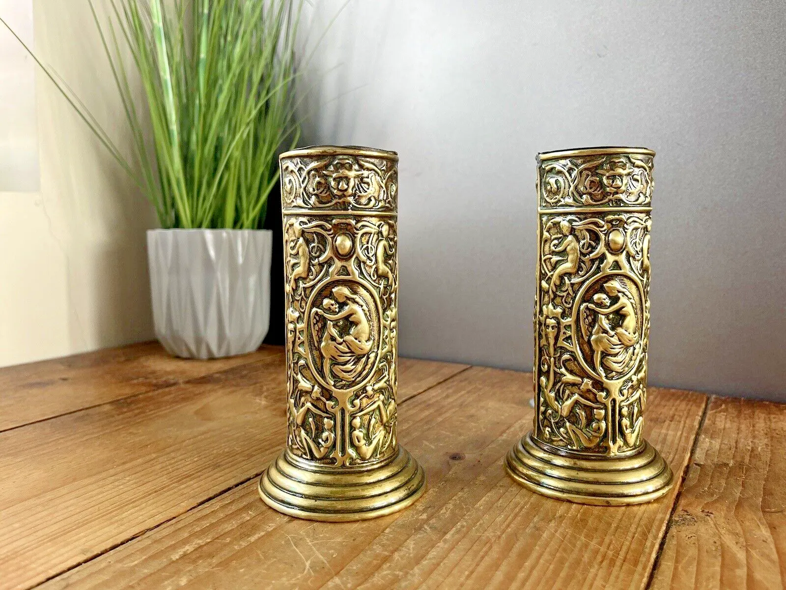 Pair Of Antique French Art Deco Stepped Base Repousse Mantel Spill Vases Cupid photo vintage