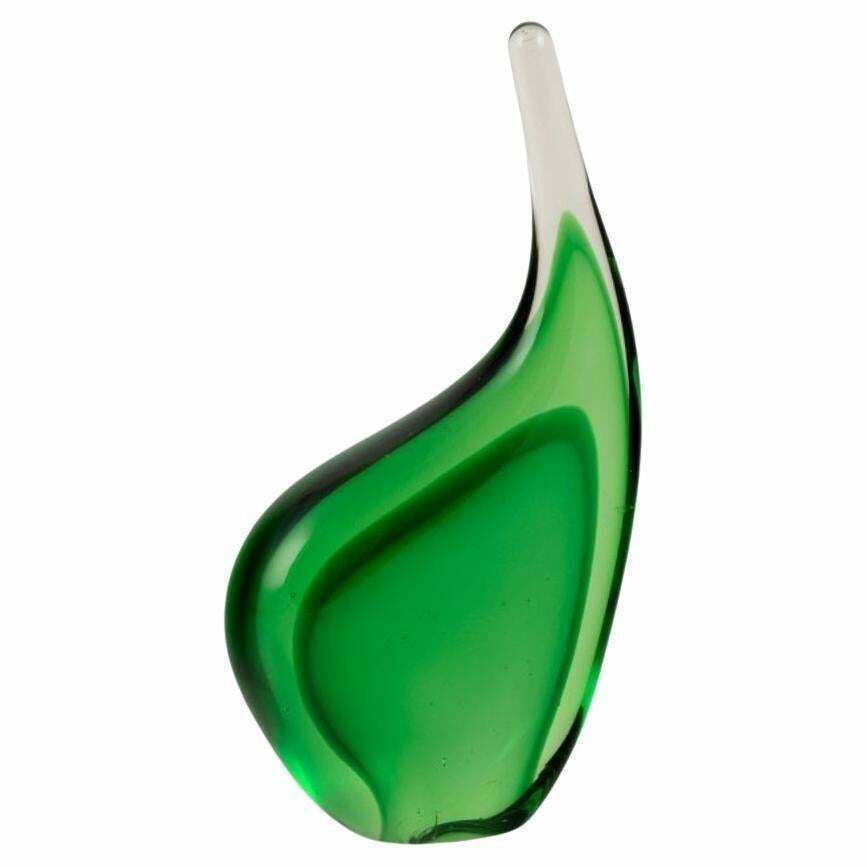 Per Lütken For Holmegaard, Denmark. Sculpture In Green Art Glass. Organic Shape.