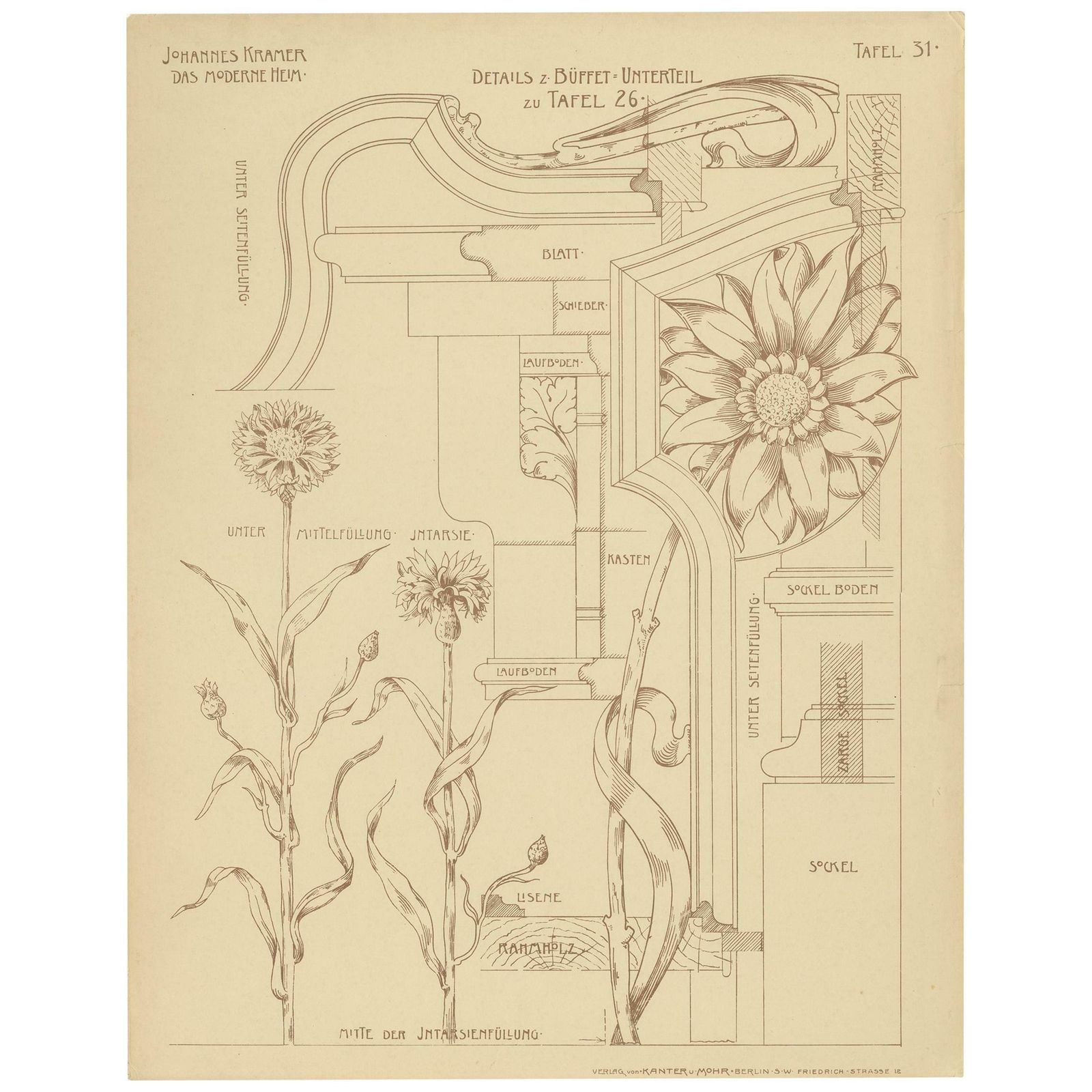 Pl. 31 Antique Print Of Details Of A Buffet By Kramer 'Circa 1910'
