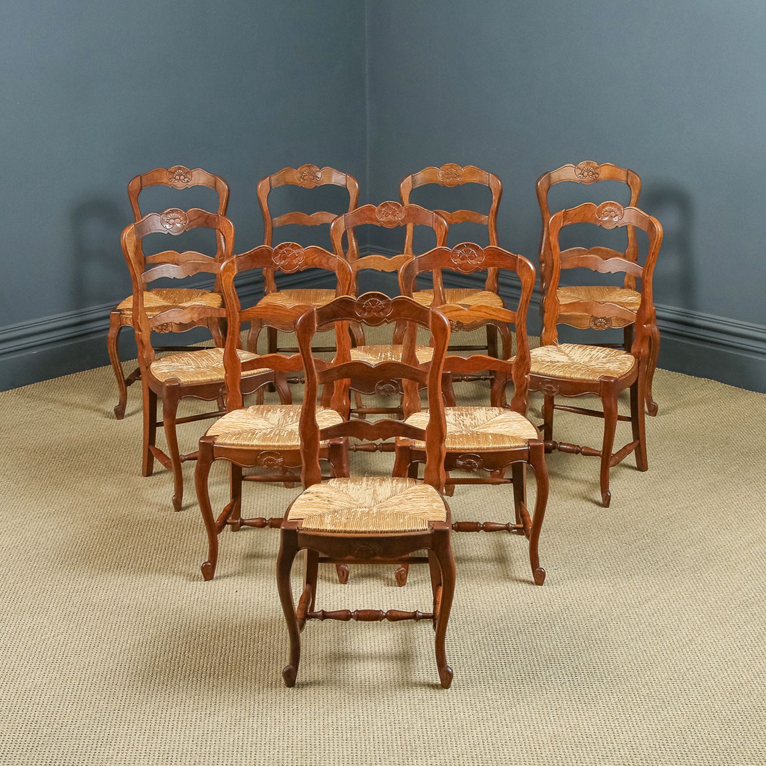 French Set Of 12 Twelve Louis XV Style Oak Ladder Back Rush Seat Kitchen Dining Chairs (Circa 1920) photo furniture