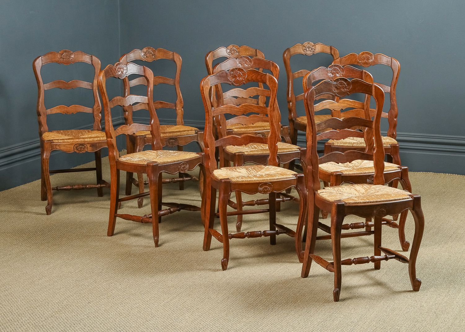 French Set Of 12 Twelve Louis XV Style Oak Ladder Back Rush Seat Kitchen Dining Chairs (Circa 1920) photo for sale
