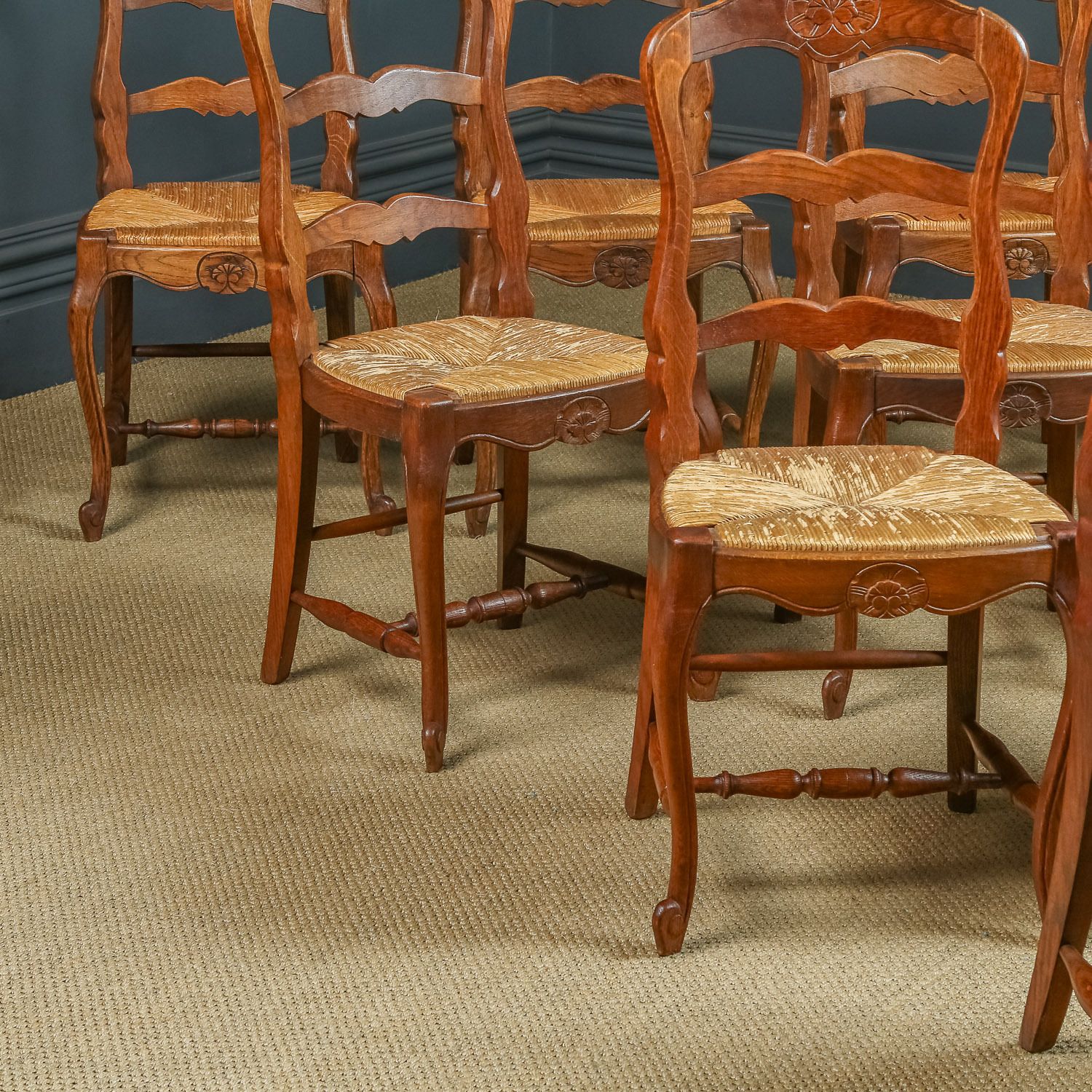 French Set Of 12 Twelve Louis XV Style Oak Ladder Back Rush Seat Kitchen Dining Chairs (Circa 1920) photo 4750.0