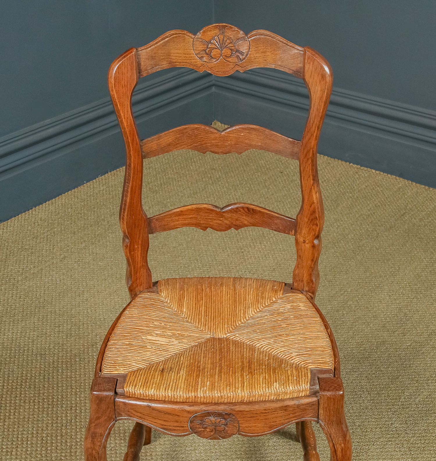 photo buy French Set Of 12 Twelve Louis XV Style Oak Ladder Back Rush Seat Kitchen Dining Chairs (Circa 1920)