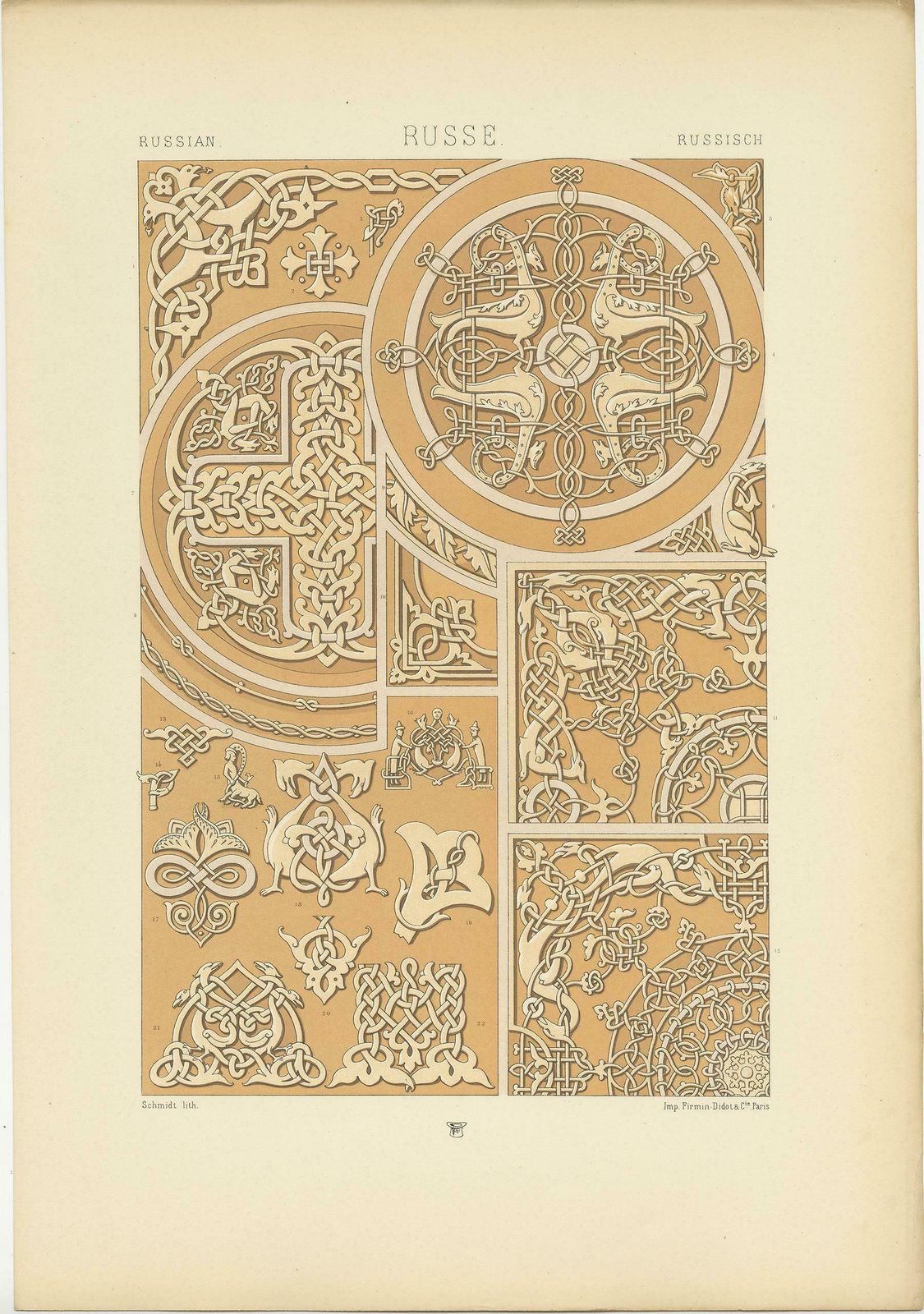 Pl. 66 Antique Print Of Russian Motifs From Metalwork And Manuscripts By Racinet photo for sale