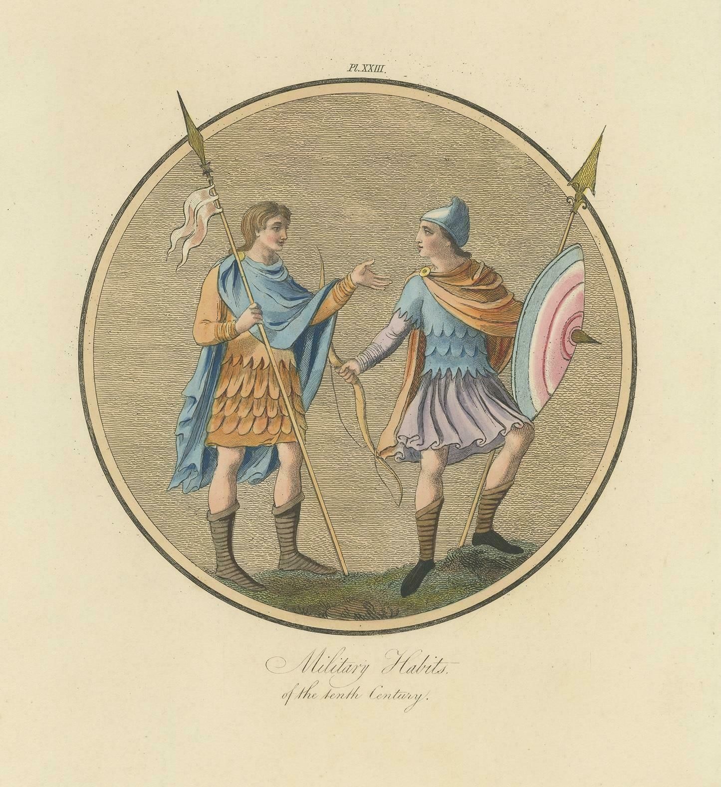Antique Print Of English Military Costumes Of The 10th Century By Strutt, 1862 photo furniture
