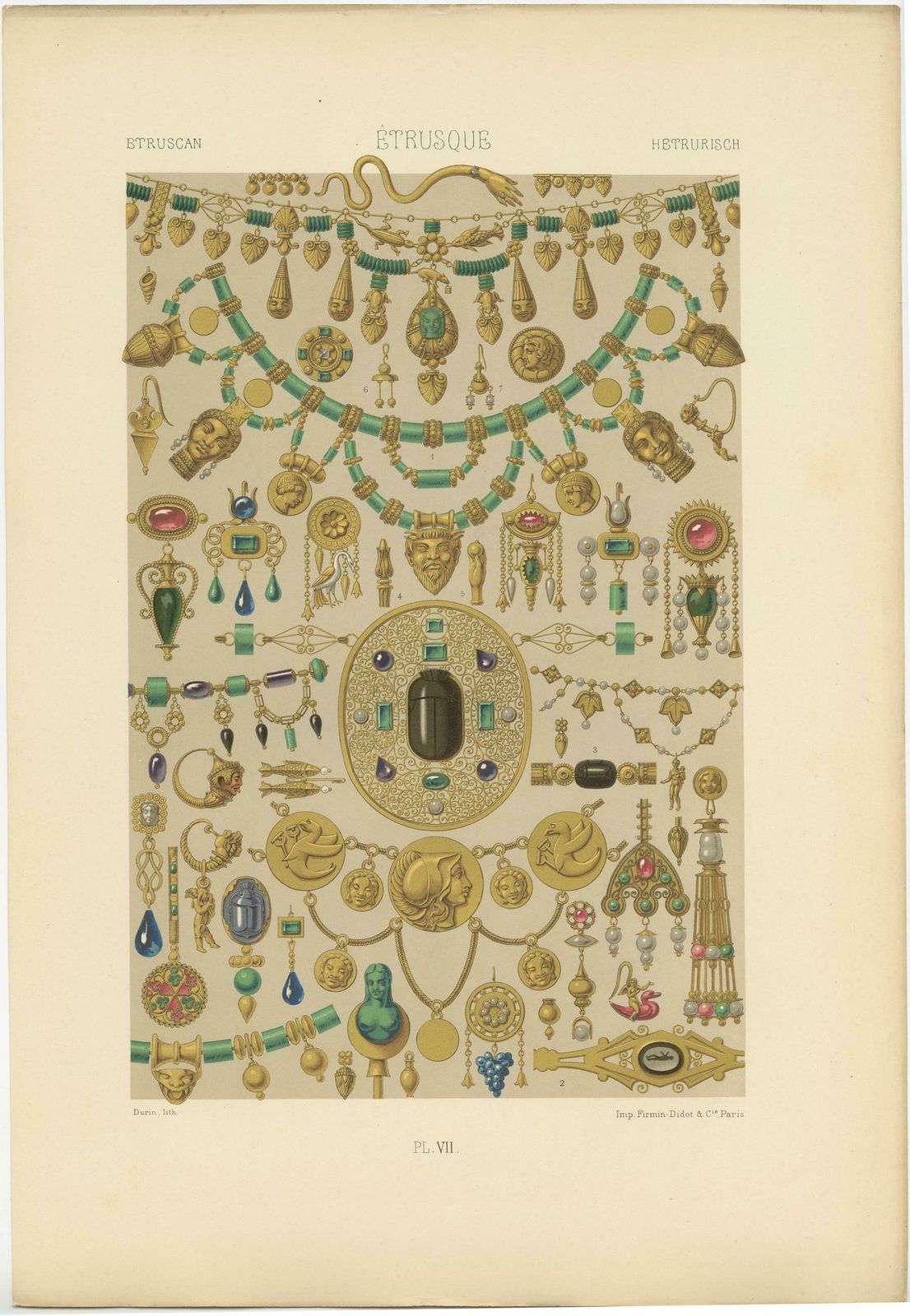 Pl. 7 Antique Print Of Etruscan Ornaments By Racinet, Circa 1890 photo for sale