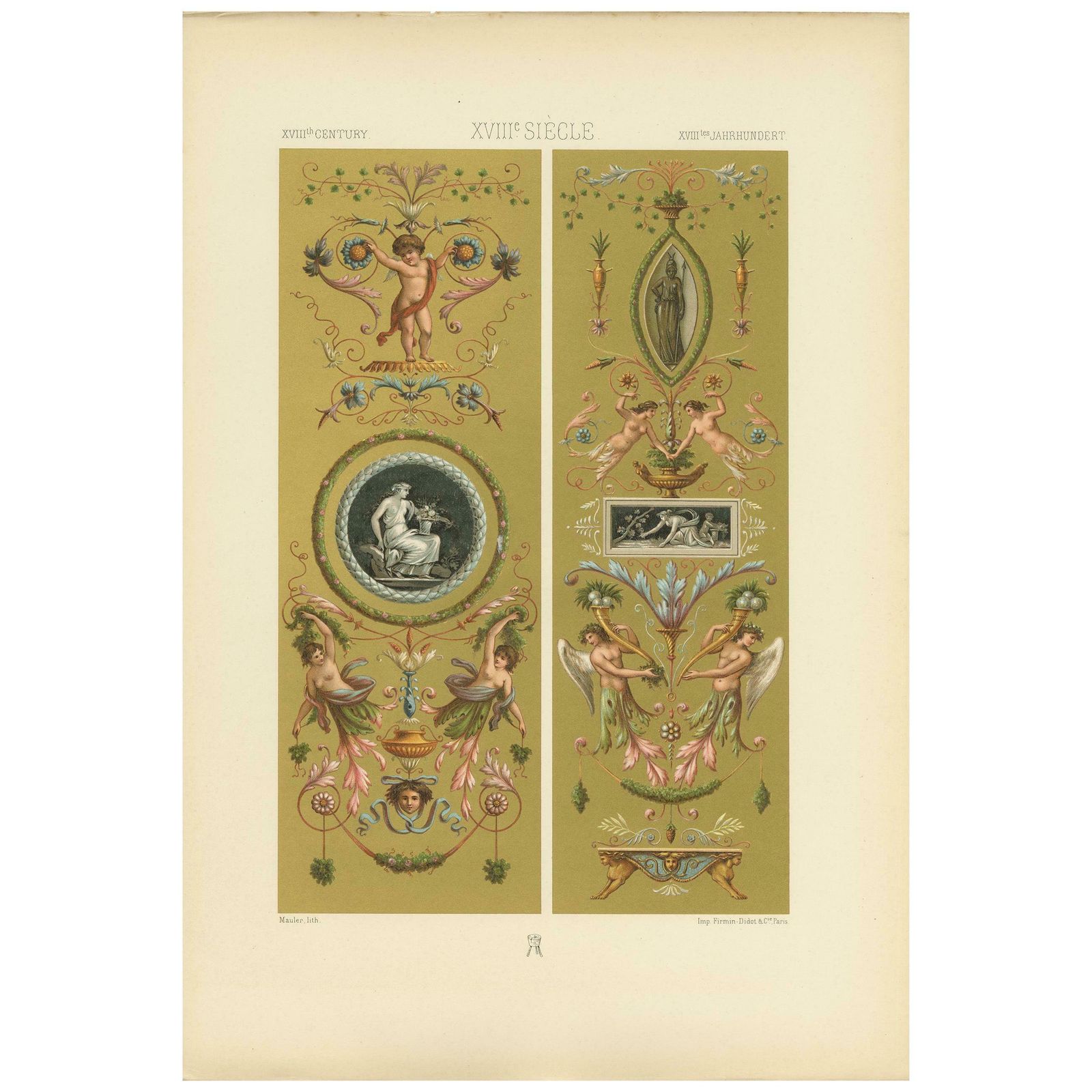 Pl. 118 Antique Print Of 18th Century Paintings Glass By Racinet, Circa 1890