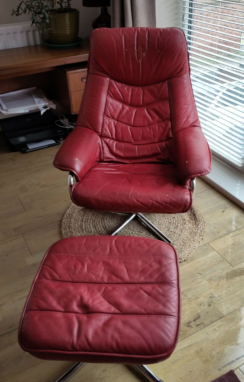 60s Red Leather Swivel Arm Chair With Pouffe photo furniture