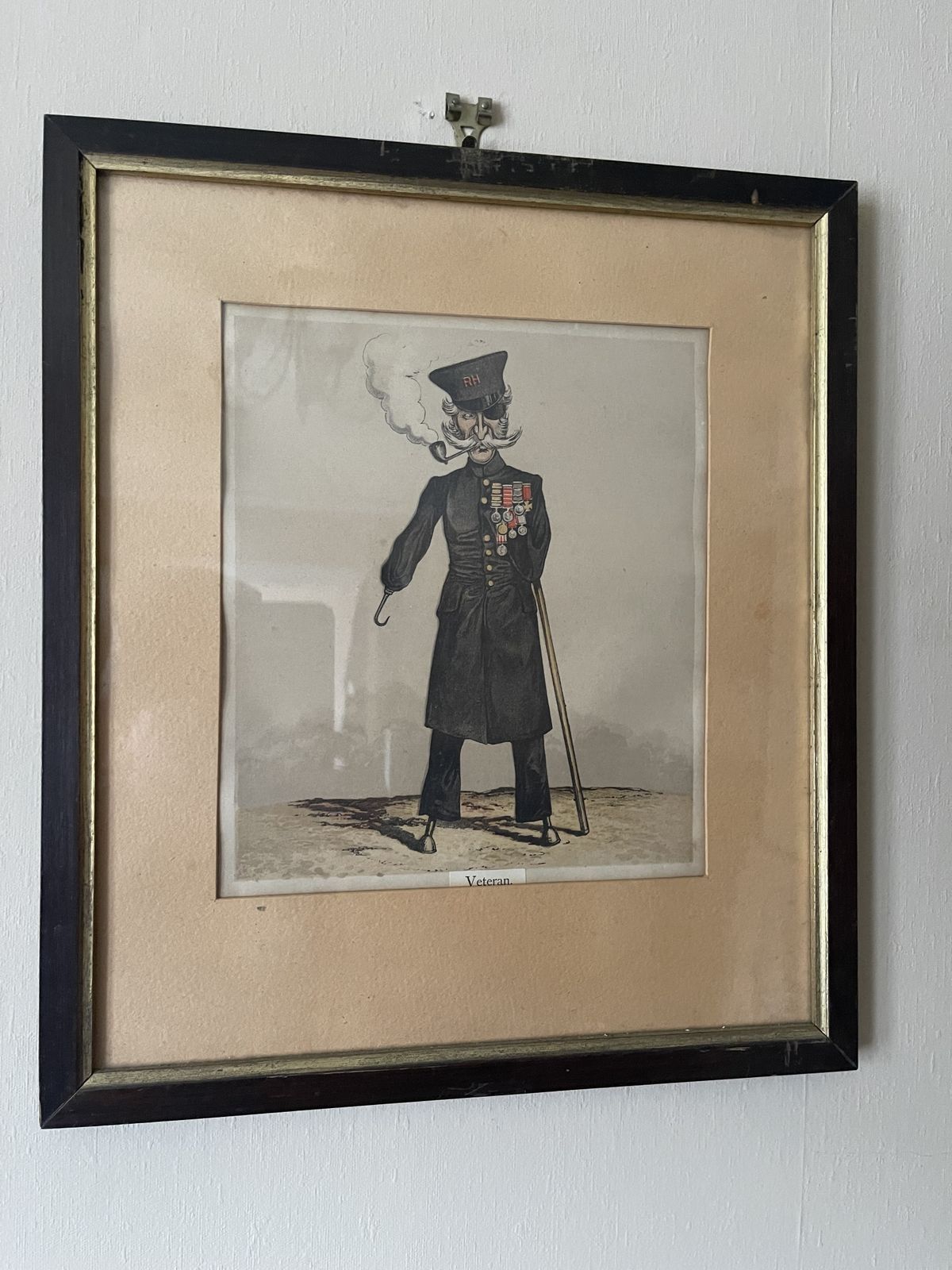 Framed, Glazed And Mounted Chromolithograph Titled Veteran From The Book Army And Navy Drolleries By Major Thomas Strong Seccombe