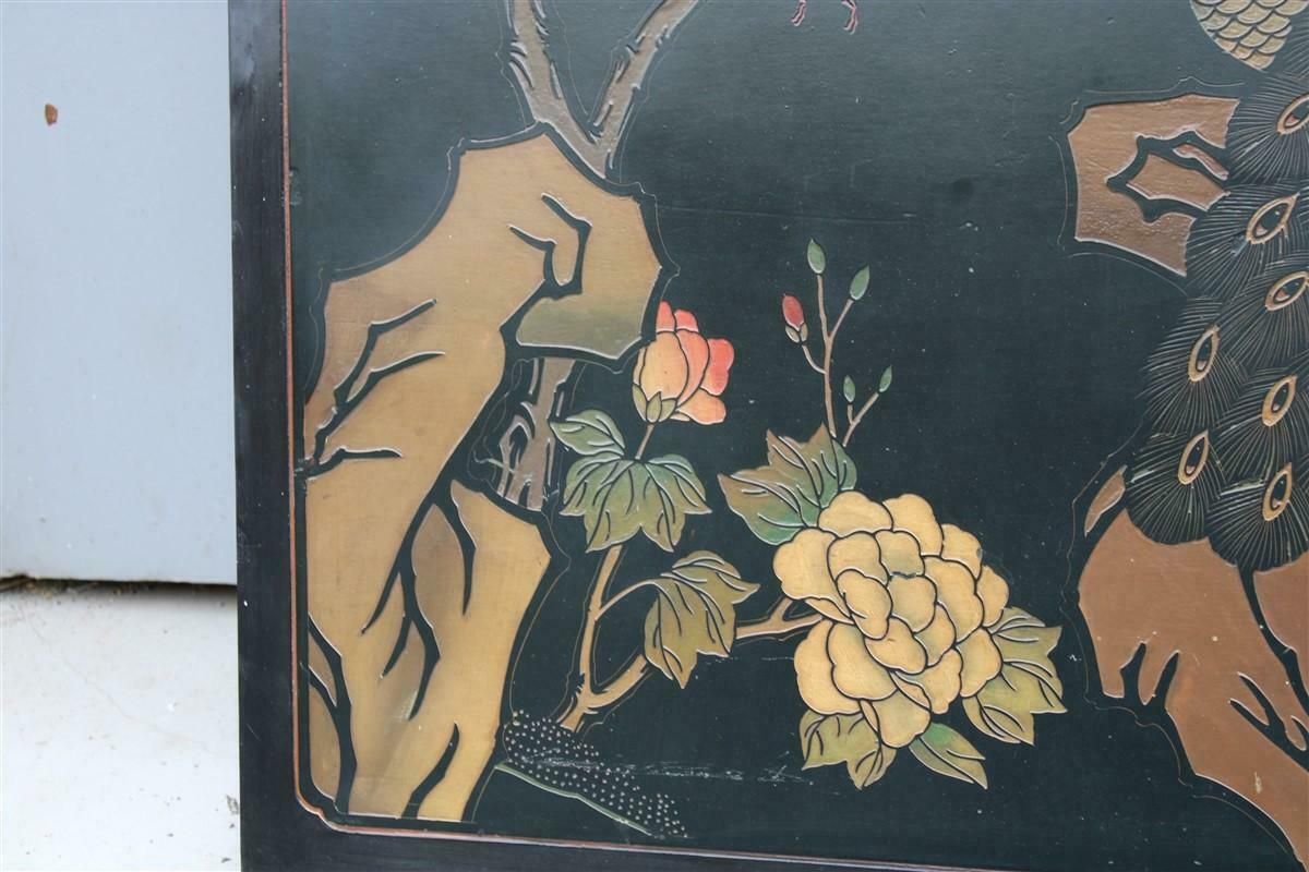 1950s Chinese Lacquer Decorative Panel With Birds, Lotus Flowers And Plants photo vintage